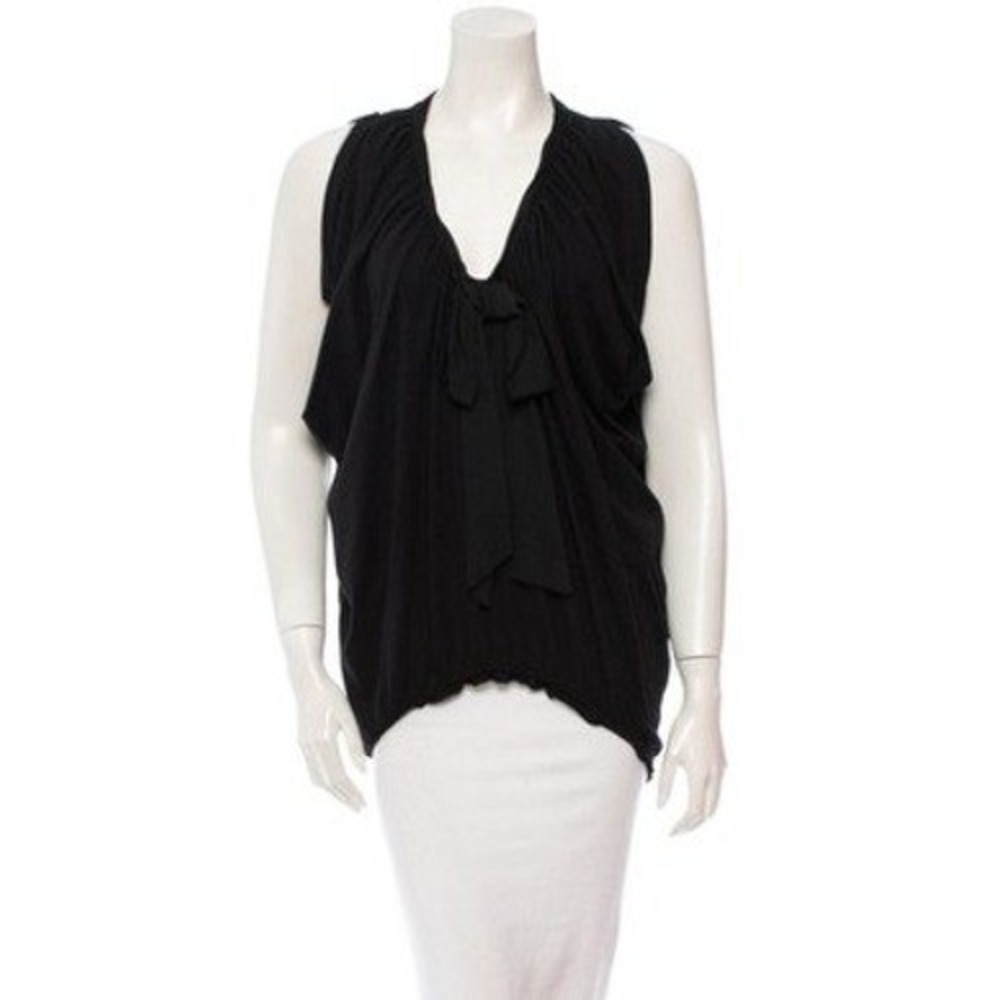 Lanvin Black Draped Cotton Jersey Bow Top Sleeveless Designer Blouse | Size M